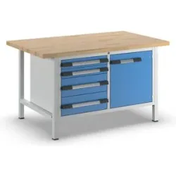 Werkbank, Gestellbauweise Serie 8000, 4 Schubladen: 2 x 90, 2 x 180 mm, 1 Tür 540 mm, BxT 1500 x 900 mm eurokraft pro