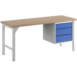 kaiserkraft Werkbank, Breite 2000 mm, 3 Schubladen 1 x 125 / 2 x 175 mm, lichtgrau/enzianblau