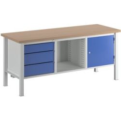 kaiserkraft Werkbank, Breite 2000 mm, 3 Schubladen 1 x 125 / 2 x 175 mm, 1 Tür 475 mm, lichtgrau/enzianblau