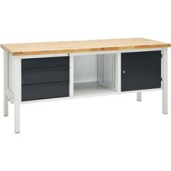 kaiserkraft Werkbank, Breite 2000 mm, 3 Schubladen 1 x 125 / 2 x 175 mm, 1 Tür 475 mm, lichtgrau/anthrazitgrau