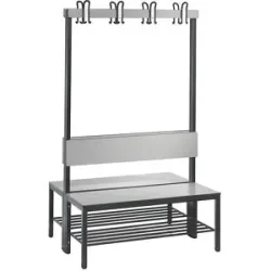 C+P Umkleidesitzbank Basic Plus, Länge 1.000 mm, doppelseitig, mit Rückenlehne, 2x4 Doppelhaken, inkl. Schuhrost, schwarzgrau/Eiche Sereno