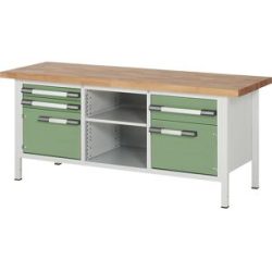 Höhenverstellbare Werkbank, Gestellbauweise, 3 Schubladen, 2 Türen, 2 Ablageböden, Breite 2000 mm, lichtgrau / grün eurokraft pro