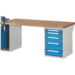Werkbank, Baukastensystem Serie 7000, 5 Schubladen, 1 Schraubstock (Klapp-Lift) linksseitig, BxT 2000 x 900 mm eurokraft pro