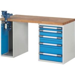 Werkbank, Baukastensystem Serie 7000, 5 Schubladen, 1 Schraubstock (Klapp-Lift) linksseitig, BxT 1500 x 700 mm eurokraft pro