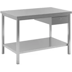 Edelstahl-Arbeitstisch, 1 Schublade, 1 Fachboden voll, Breite 1200 mm eurokraft basic
