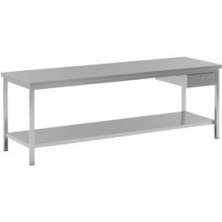 Edelstahl-Arbeitstisch, 1 Schublade, 1 Fachboden voll, Breite 2400 mm eurokraft basic