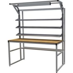 workalu® Aluminium-Werkbank mit Systemaufbau, einseitig, 3 Fachböden und Arbeitsplatzleuchte, Plattenbreite 1750 mm bedrunka hirth