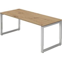 Schreibtisch mit Gestell aus Vierkant-Stahlrohr, Höhe 650 - 850 mm, BxT 1800 x 800 mm, Asteiche / alusilber eurokraft pro