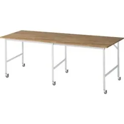 kaiserkraft Arbeitstisch, fahrbar, Buche-Massivholzplatte, Stärke 25 mm, 30 x 30 mm, BxTxH 2500 x 1000 x 900 mm