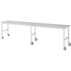kaiserkraft Arbeitstisch, fahrbar, Melaminplatte, Stärke 22 mm, 60 x 30 mm, BxTxH 4000 x 800 x 910 - 1230 mm