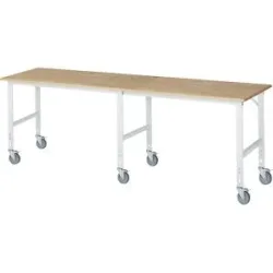 kaiserkraft Arbeitstisch, fahrbar, Buche-Massivholzplatte, Stärke 25 mm, 60 x 30 mm, BxTxH 3000 x 800 x 910 - 1230 mm