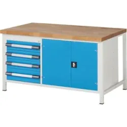 Werkbank, Gestellbauweise Serie 8000, 4 Schubladen, 1 Türfach, BxT 1500 x 900 mm eurokraft pro