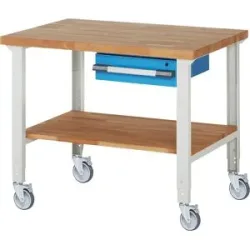 Fahrbare Werkbank Serie 7000, 4 Lenkrollen, 1 Schublade, Ablageboden, Platten-BxT 1250 x 900 mm eurokraft pro