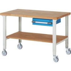 Fahrbare Werkbank Serie 7000, 2 Bock-/2 Lenkrollen, 1 Schublade, Ablageboden, Platten-BxT 1500 x 900 mm eurokraft pro