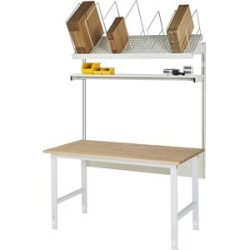 Packtisch komplett, manuell höhenverstellbar, Set 1 mit Etagenbord, BxT 2000 x 1000 mm, Buchenplatte RAU