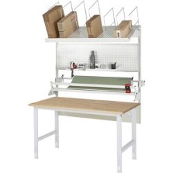 Packtisch komplett, manuell höhenverstellbar, Set 3 mit Lochplatte, Schneidgerät, Abrolleinheit, BxT 2000 x 800 mm, Buchenplatte RAU