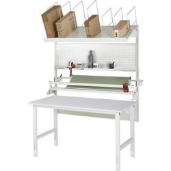 Packtisch komplett, manuell höhenverstellbar, Set 3 mit Lochplatte, Schneidgerät, Abrolleinheit, BxT 2000 x 1000 mm, Melaminplatte RAU