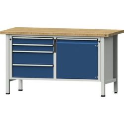 Werkbank, Gestellbauweise Serie V, 4 Schubladen, Tür 540 mm, Buche massiv, Vollauszug, NFC-Schloss ANKE