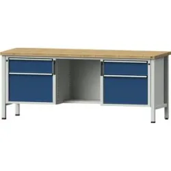 Werkbank, Gestellbauweise Serie V, Schubladen 2 x 180 mm, 2 x 360 mm, ½ Ablageboden, Buche massiv, Vollauszug, NFC-Schloss ANKE