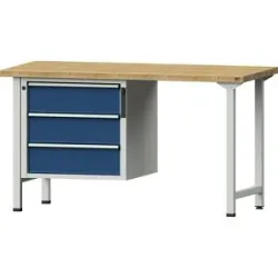 Werkbank, Gestellbauweise Serie V, 3 Schubladen, Breite 1500 mm, Buche massiv, Vollauszug, NFC-Schloss ANKE