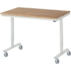 Elektrisch höhenverstellbarer Arbeitstisch, fahrbar, Buche massiv, Plattenbreite 1250 mm RAU