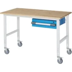 Fahrbarer Arbeitstisch, Arbeitshöhe 910 - 1230 mm, BxT 1500 x 800 mm, 1 Schublade 150 mm eurokraft pro