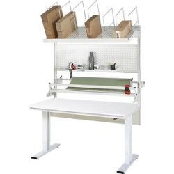 Packtisch komplett 300, elektrisch höhenverstellbar, Set 3 mit Lochplatte, Schneidgerät, Abrolleinheit, BxT 1500 x 800 mm, Melaminplatte RAU