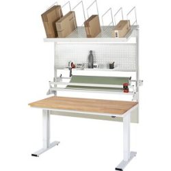 Packtisch komplett 300, elektrisch höhenverstellbar, Set 3 mit Lochplatte, Schneidgerät, Abrolleinheit, BxT 2000 x 1000 mm, Buchenplatte RAU