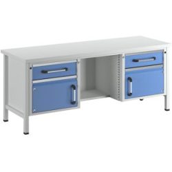 Werkbank, Gestellbauweise, Breite 2000 mm, 2 Schubladen, 2 Türen, Universalplatte eurokraft pro