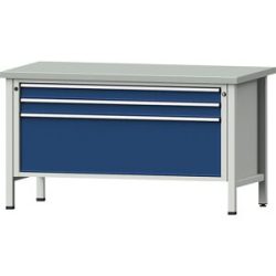 Werkbank mit XL/XXL-Schubladen, Gestellbauweise, Breite 1500 mm, 3 Schubladen, Stahlblechbelagplatte, Front enzianblau ANKE