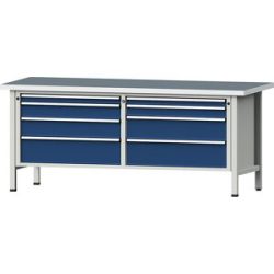 Werkbank mit XL/XXL-Schubladen, Gestellbauweise, Breite 2000 mm, 8 Schubladen, Universalplatte, Front enzianblau ANKE
