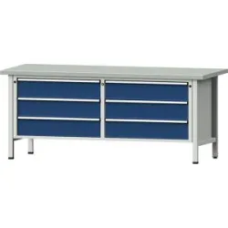Werkbank mit XL/XXL-Schubladen, Gestellbauweise, Breite 2000 mm, 6 Schubladen 180 mm, Stahlblechbelagplatte, Front enzianblau ANKE