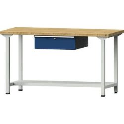 Werkbank, Gestellbauweise Serie V, 1 Schublade, 1 Ablageboden, Breite 1500 mm, Buchemassivplatte ANKE