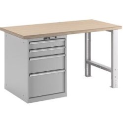 Werkbank im Baukastensystem, Höhe 840 mm, Unterstellschrank, 4 Schubladen, lichtgrau, Tischbreite 1500 mm LISTA