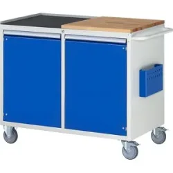 Kompaktwerkbänke, fahrbar, 2 Türen, Arbeitsfläche Holz / Metall, lichtgrau / enzianblau RAU