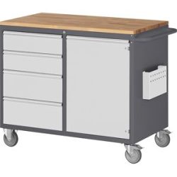 Kompaktwerkbänke, fahrbar, 4 Schubladen, 1 Tür, Holzarbeitsfläche, anthrazit / lichtgrau RAU