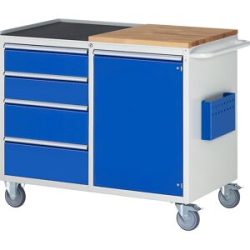 Kompaktwerkbänke, fahrbar, 4 Schubladen, 1 Tür, Arbeitsfläche Holz / Metall, lichtgrau / enzianblau RAU