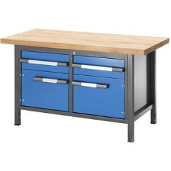 Höhenverstellbare Werkbank, Gestellbauweise, 2 Schubladen, 2 Türen, Breite 1500 mm, anthrazit / blau eurokraft pro