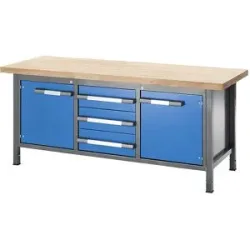 Höhenverstellbare Werkbank, Gestellbauweise, 3 Schubladen, 2 Flügeltüren, Breite 2000 mm, anthrazit / blau eurokraft pro