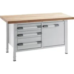 Höhenverstellbare Werkbank, Gestellbauweise, Breite 1500 mm, 3 Schubladen, 1 Tür, grau eurokraft pro