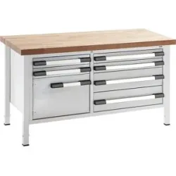 Höhenverstellbare Werkbank, Gestellbauweise, Breite 1500 mm, 6 Schubladen, 1 Tür, grau eurokraft pro