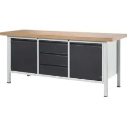 Werkbank, Gestellbauweise Serie 8500, 3 Schubladen, 2 Türen, Plattenbreite 2000 mm, anthrazit-metallic RAU
