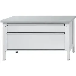 Werkbank mit XL/XXL-Schubladen, Gestellbauweise, Breite 1500 mm, 2 Schubladen, Stahlblechbelagplatte, Front lichtgrau ANKE