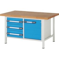 Werkbank, Gestellbauweise Serie 8000, 3 Schubladen 180 mm, 1 Tür 540 mm, BxT 1500 x 900 mm eurokraft pro