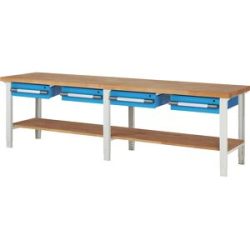 Werkbank, Baukastensystem Serie 7000, 4 Hängeschubladen, 1 Ablageboden, BxT 3000 x 700 mm eurokraft pro
