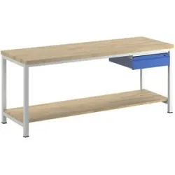 Werkbank, Gestellbauweise, 1 Schublade Größe L, 1 Ablageboden Buche massiv, Tiefe 700 mm, Breite 2000 mm RAU