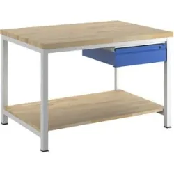 Werkbank, Gestellbauweise, 1 Schublade Größe L, 1 Ablageboden Buche massiv, Tiefe 900 mm, Breite 1250 mm RAU