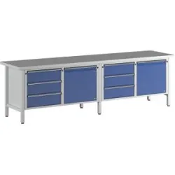 Werkbank Breite 2800 mm, Gestellbauweise, 2 Türen, 6 Schubladen mit Teilauszug, Universalplatte ANKE