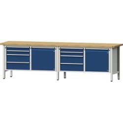 Werkbank Breite 2800 mm, Gestellbauweise, 2 Türen, 8 Schubladen mit Teilauszug, Buchemassivplatte ANKE
