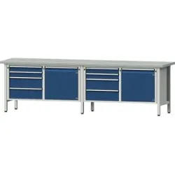 Werkbank Breite 2800 mm, Gestellbauweise, 2 Türen, 8 Schubladen mit Vollauszug, Stahlblechbelagplatte ANKE